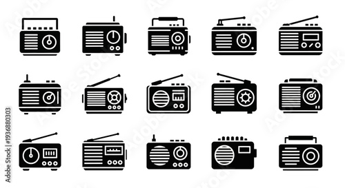 Collection of various retro-style radio icons displayed on a clean white background from a straightforward viewpoint