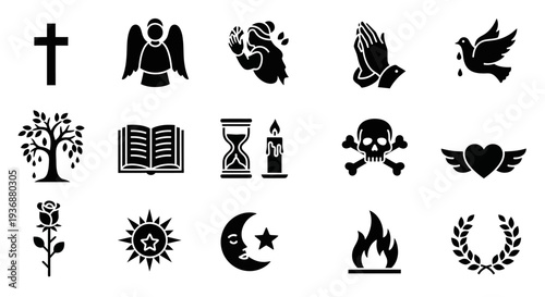 Collection of symbolic icons representing spirituality, mortality, and nature in a simple black illustration style