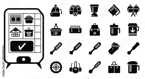 Collection of mobile app icons and symbols representing various functions and features displayed on a device screen