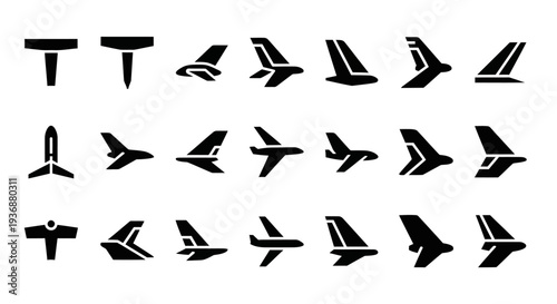 Collection of diverse airplane silhouettes against a clean background, showcasing various aircraft designs and flight orientations