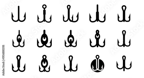 Collection of various fish hook illustrations displayed on a clean white background from a straightforward viewpoint