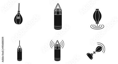 A collection of six black and white illustrations of various microphones in different states of use hanging or standing on a plain white background from a front viewpoint