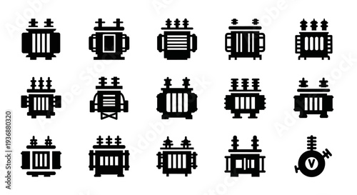 Collection of various industrial icons depicting machinery and equipment in a grid layout