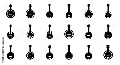 A collection of twenty musical instrument icons displayed in a grid pattern on a clean background from a straightforward viewpoint