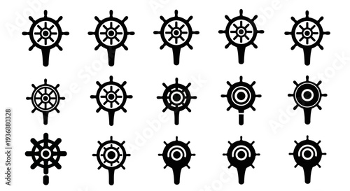Collection of diverse ship wheel icons in black on a plain background viewed from directly above