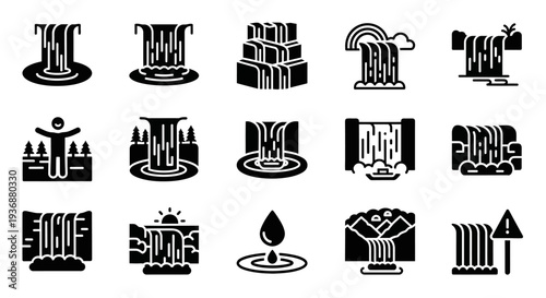 Black and white illustrations of various industrial water treatment icons displayed together on a clean white background from a straightforward viewpoint