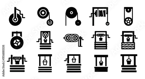 Industrial machines icons set on white background, illustrating various mechanical devices and equipment for manufacturing processes