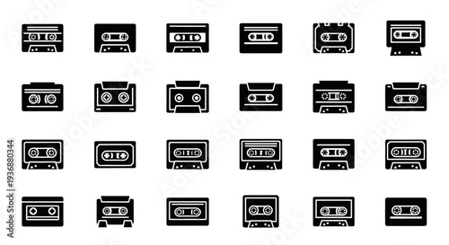 Collection of various cassette tape icons displayed in a grid pattern on a plain white background from a straightforward viewpoint