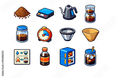 Cold Brew Brewing. Colorful isometric vector icons set of Cold Brew Brewing: coarse ground coffee, measuring scale, water kettle, glass jar brewing, coffee