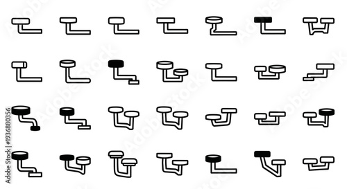 Collection of various pipe fittings and valves illustrated in a grid pattern