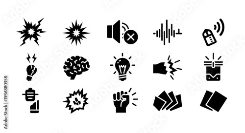 Collection of black icons representing ideas, communication, and technology on a clean background