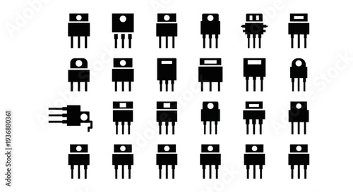 A grid of robot icons in various poses and designs, showcasing different styles and features, with a single robot highlighted and separated from the rest, in a clean and minimalist illustration.