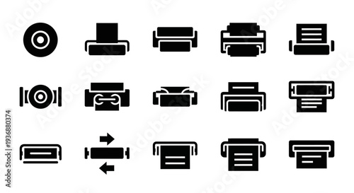 Collection of various printer icons displayed in a grid layout on a blank background from a straightforward viewpoint