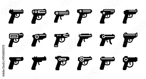 Collection of Various Handguns Illustrated in a Grid Layout on a Plain Background from a Front View
