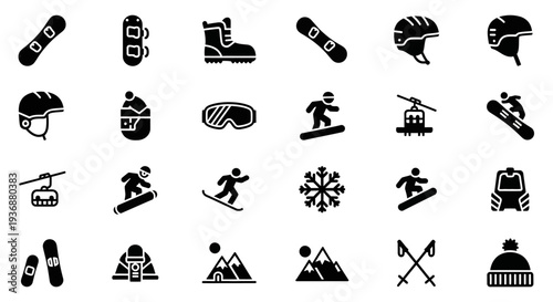 Collection of black icons representing winter sports and activities on a plain background