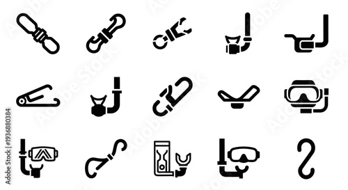 Collection of various black silhouetted hooks and fasteners displayed on a clean white background from a straightforward viewpoint
