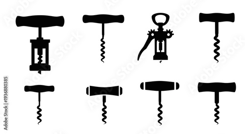 Assortment of wine corkscrew silhouettes on a clean white background from a straightforward viewpoint