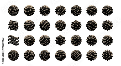 Collection of twenty-eight black and gold striped balls and abstract shapes arranged in a grid pattern on a plain background from a direct viewpoint