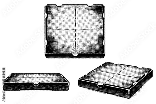 Pizza box lid A single pizza box lid with clear crease lines and cardboard texture, presented in three angles to show surface and edge depth. Black and white