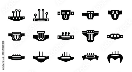 Collection of various black belt buckle designs on a white background, showcasing different styles and shapes