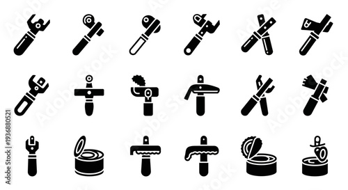 Collection of Various Tools and Equipment Icons in Black and White Illustrations