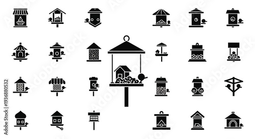 Collection of bird feeder designs and illustrations in various styles and viewpoints on a clean background