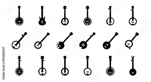 Collection of various banjo icons displayed in a grid pattern on a clean white background from a straightforward viewpoint