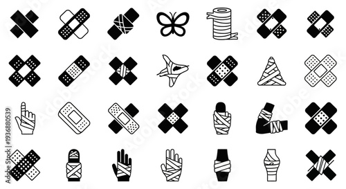 A collection of black and white icons representing various objects and symbols on a plain background from a straightforward viewpoint