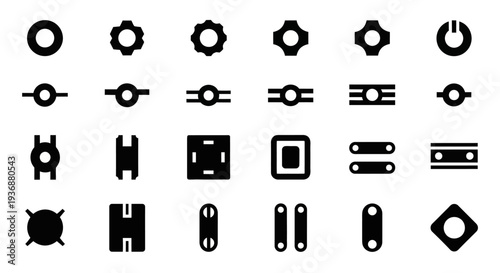 Collection of various black icons representing different mechanical and digital components arranged in a grid pattern.