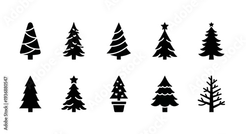 Collection of Christmas trees silhouetted against a clean background showcasing various decorative styles and designs from different viewpoints