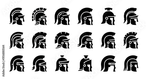 Collection of black silhouettes of Roman helmets and warriors in various poses and angles on a plain background