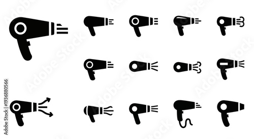 Collection of hair dryer icons in various poses and actions showcasing different functionalities and designs