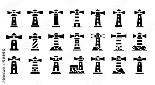 Collection of diverse lighthouse icons in various designs and styles displayed together