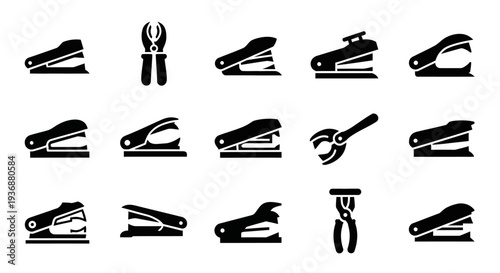 Collection of various office staplers and binders on a white background viewed from directly above