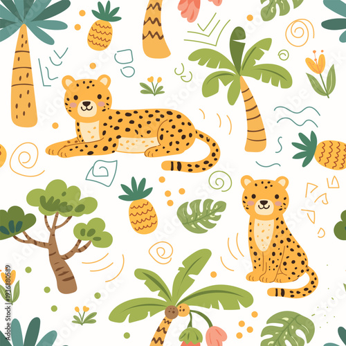Seamless jungle pattern with cute hand drawn animals and tropical elements. Creative kids design for fabric, wrapping, textile, wallpaper, apparel. Vector illustration