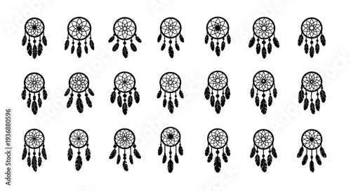 A set of dreamcatchers arranged in a grid pattern featuring various designs and tassels on a clean background from a straightforward viewpoint