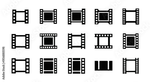 Collection of film frames and camera icons in various configurations and orientations displayed together