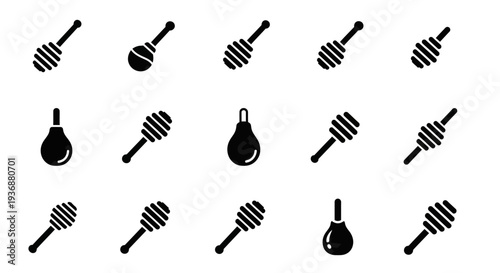Assorted honey dippers arranged in a grid pattern on a white background, showcasing various designs and illustrations