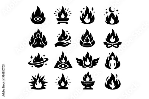 Mystic Flame. Solid icon set of Mystic Flame: spiritual flame, sacred fire, mystical spark, ritual flame, aura fire, magic blaze, alchemy flame, eternal fire,