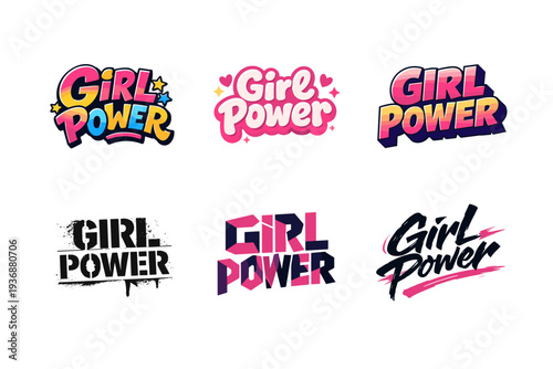 Girl Power. Set lettering. harmonious lettering variations of the same emblematic concept, each with different artistic interpretation (Funky cartoon-style