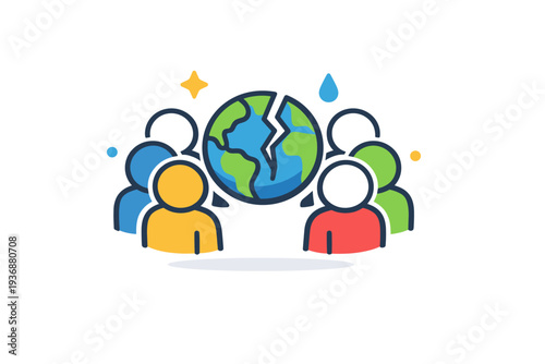 Collective eco grief represented by simplified people icons gathered around a cracked Earth symbol, communicating shared concern, empathy, and communal