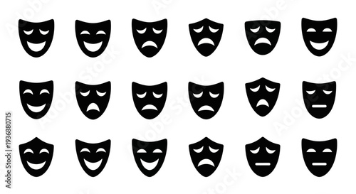 Collection of black theater masks representing various emotions displayed on a plain white background