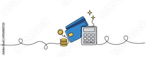 Credit cards and calculator beside coins in finance illustration. no editable stroke