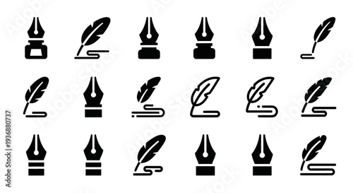 Collection of various feather quill pen icons on a clean white background