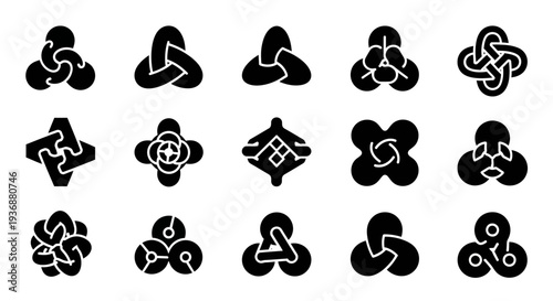 Collection of abstract black logos and symbols arranged in grid on white