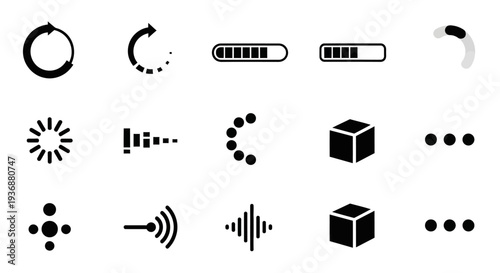 A collection of abstract black icons representing various concepts on a white background viewed from a straightforward perspective