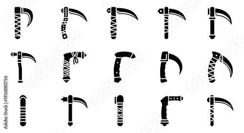 Collection of various scythe illustrations displayed against a clean white background from a straightforward viewpoint.