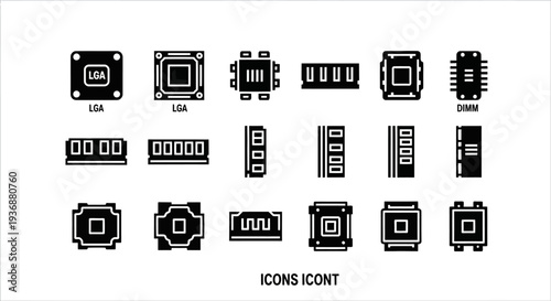 Collection of various black and white icons representing computer hardware components on a clean white background from a straightforward viewpoint