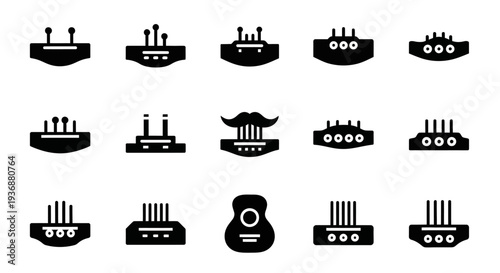 A collection of black icons representing various electronics and audio equipment on a neutral background