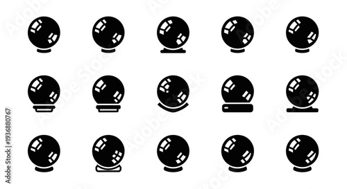 Collection of crystal balls in various styles on a white background viewed from directly above